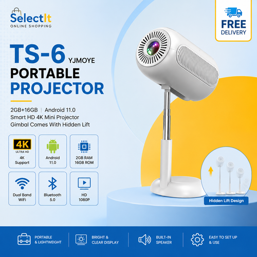 TS-6 YJMoye Portable Projector 4K Android 11 Smart Projector 2GB+16GB WiFi 6 Bluetooth Electronic Focus Home Cinema