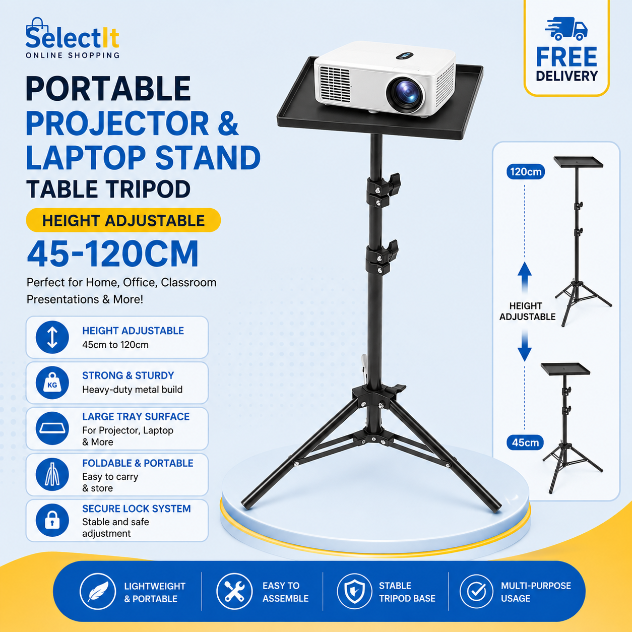 Portable Projector & Laptop Stand Tripod Adjustable Height 45-120cm Universal Metal Stand