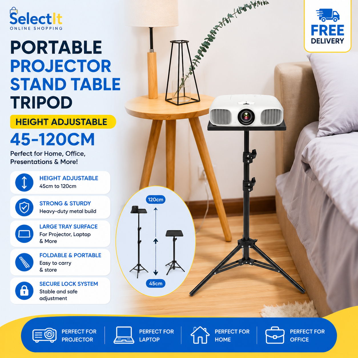 Portable Projector & Laptop Stand with adjustable height 45-120cm