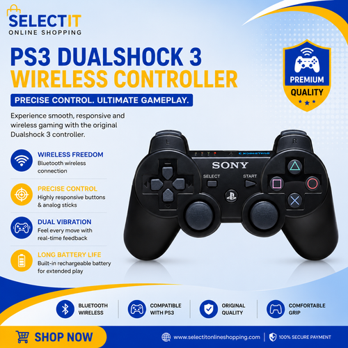 PS3 DualShock 3 Wireless Controller | Bluetooth Dual Vibration Gamepad – Black