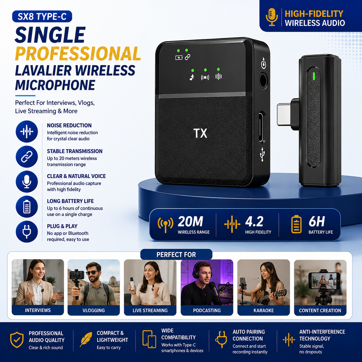 SX8 Type-C Single Professional Lavalier Wireless Microphone with Noise Reduction