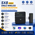 SX8 Wireless Lavalier Microphone with Type-C receiver and noise reduction, compact clip-on design for professional audio recordings