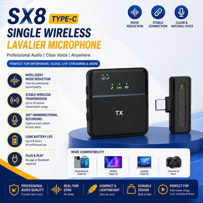 SX8 Type-C Single Professional Lavalier Wireless Microphone with Noise Reduction