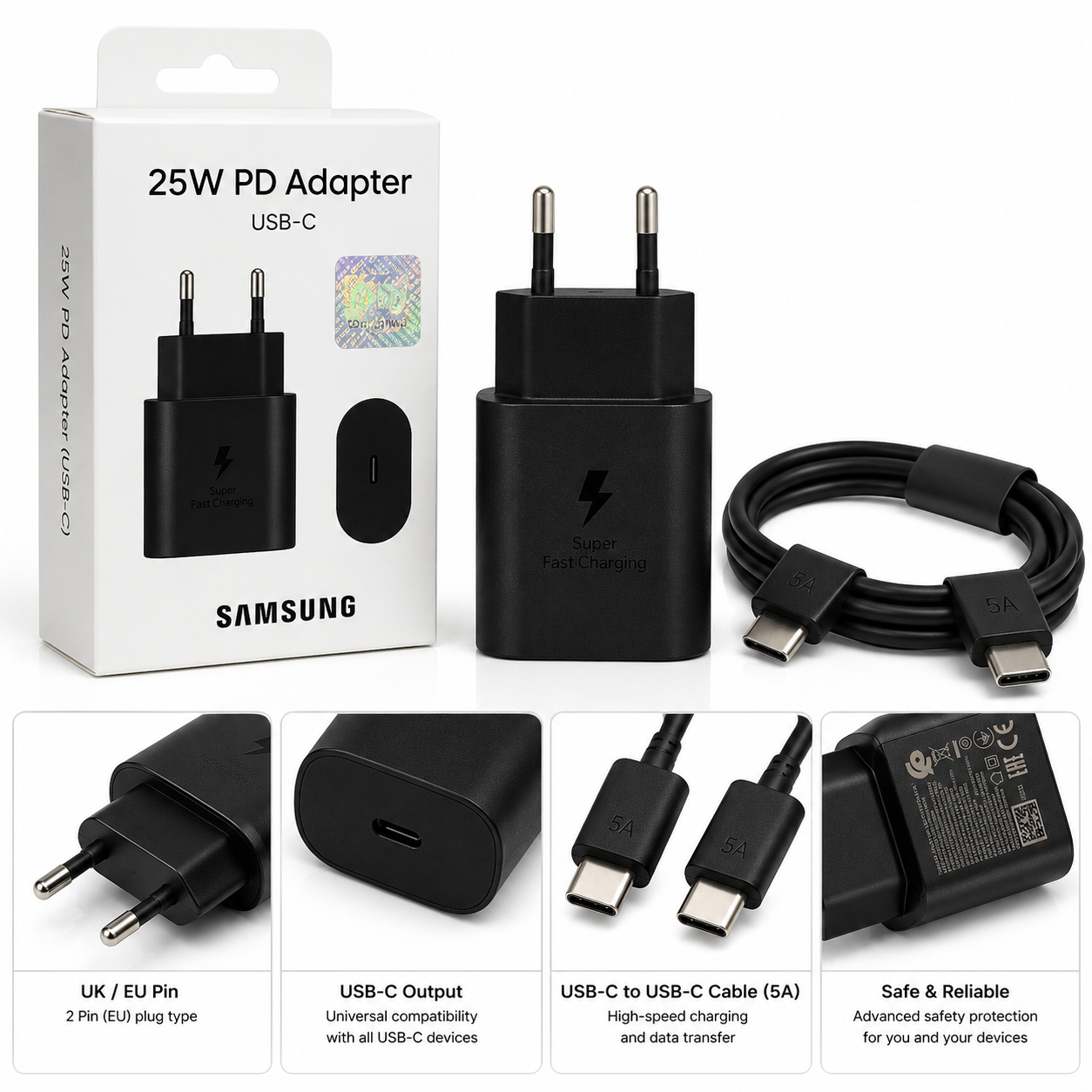 Samsung 25W PD Super Fast Charger USB-C Adapter EU Pin for Galaxy S24, S23, S22 & Type-C Devices