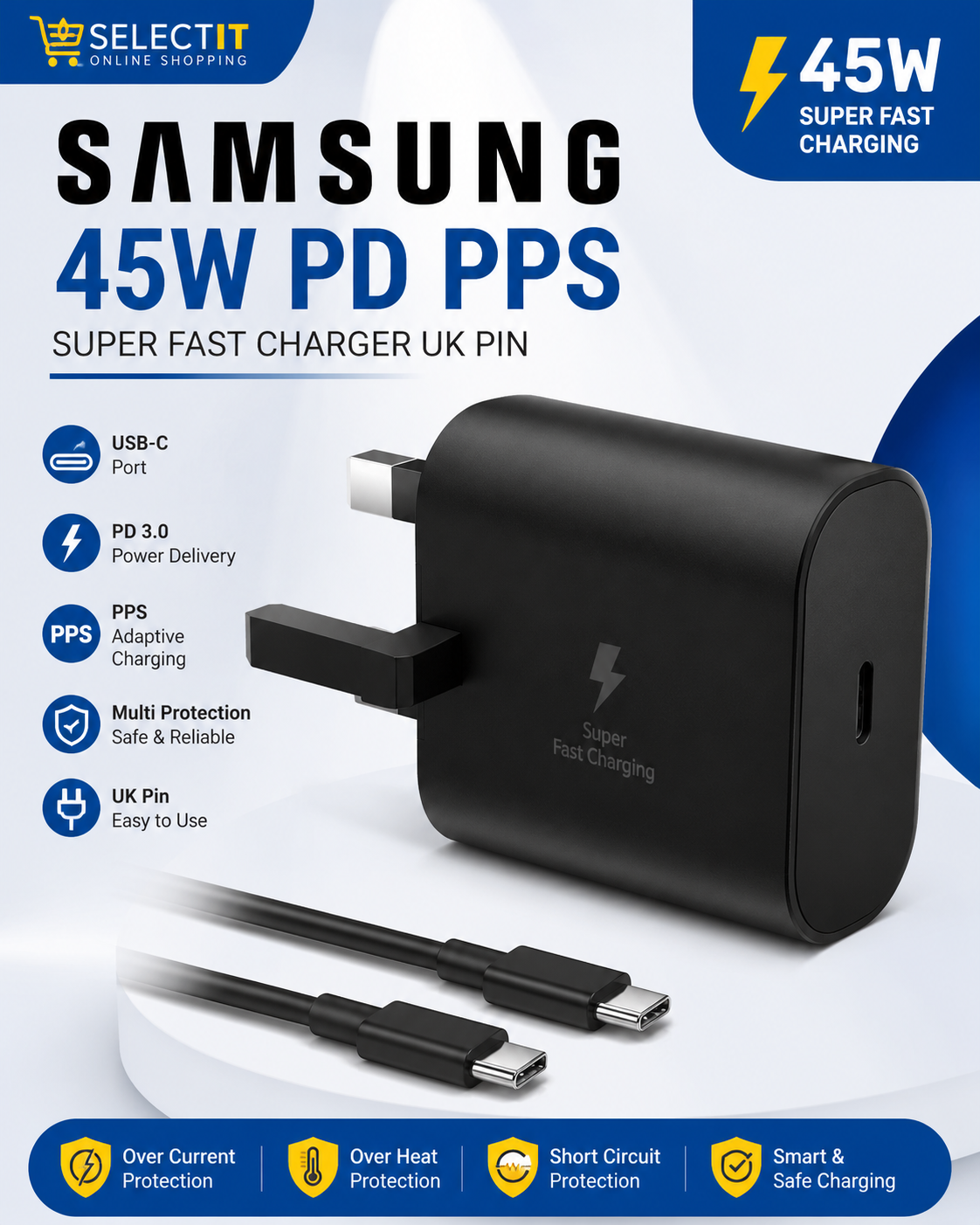 Samsung 45W PD PPS Super Fast Charger UK Pin – Super Fast Charging 2.0 for Galaxy S25, S24, S23 & USB-C Devices