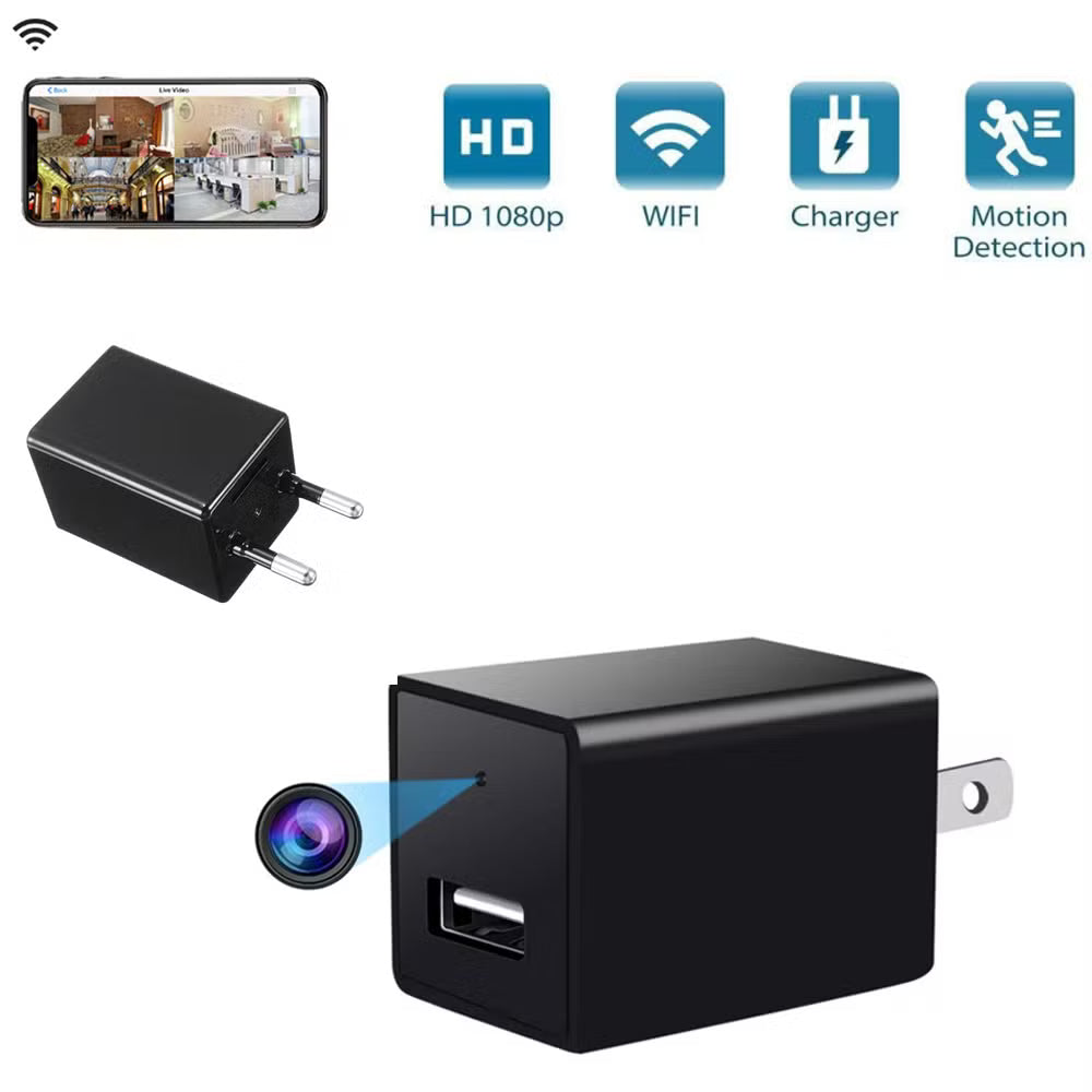 Smart WiFi Camera Charger 1080P HD with mobile app access and motion detection in compact charger design