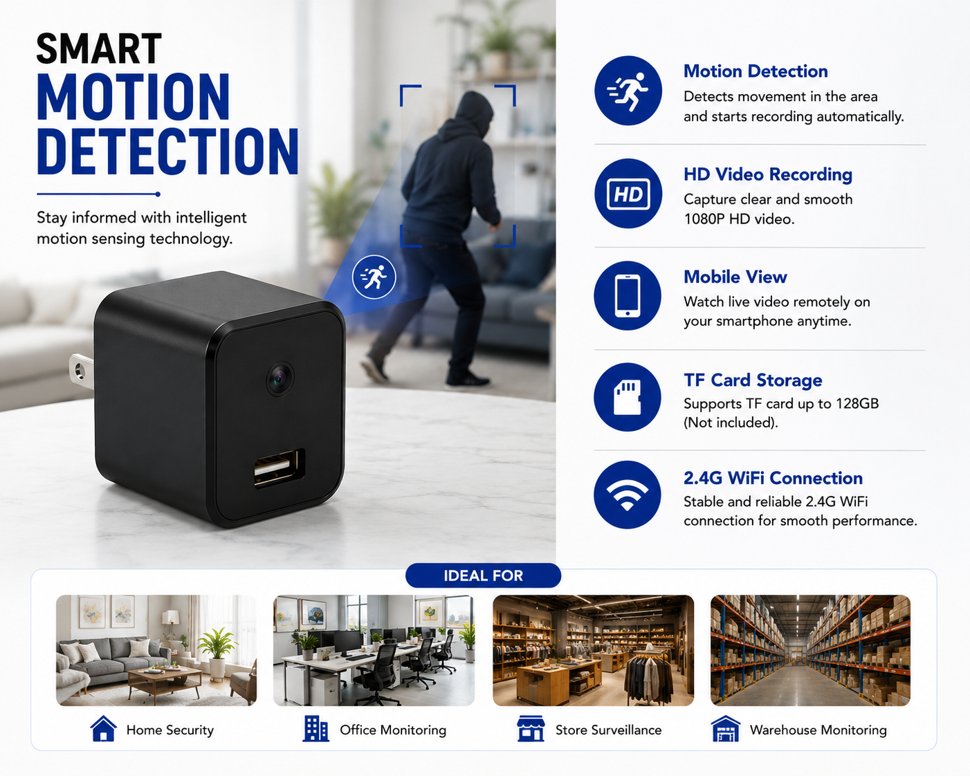 Smart WiFi Camera Charger 1080P HD with Mobile App Access
