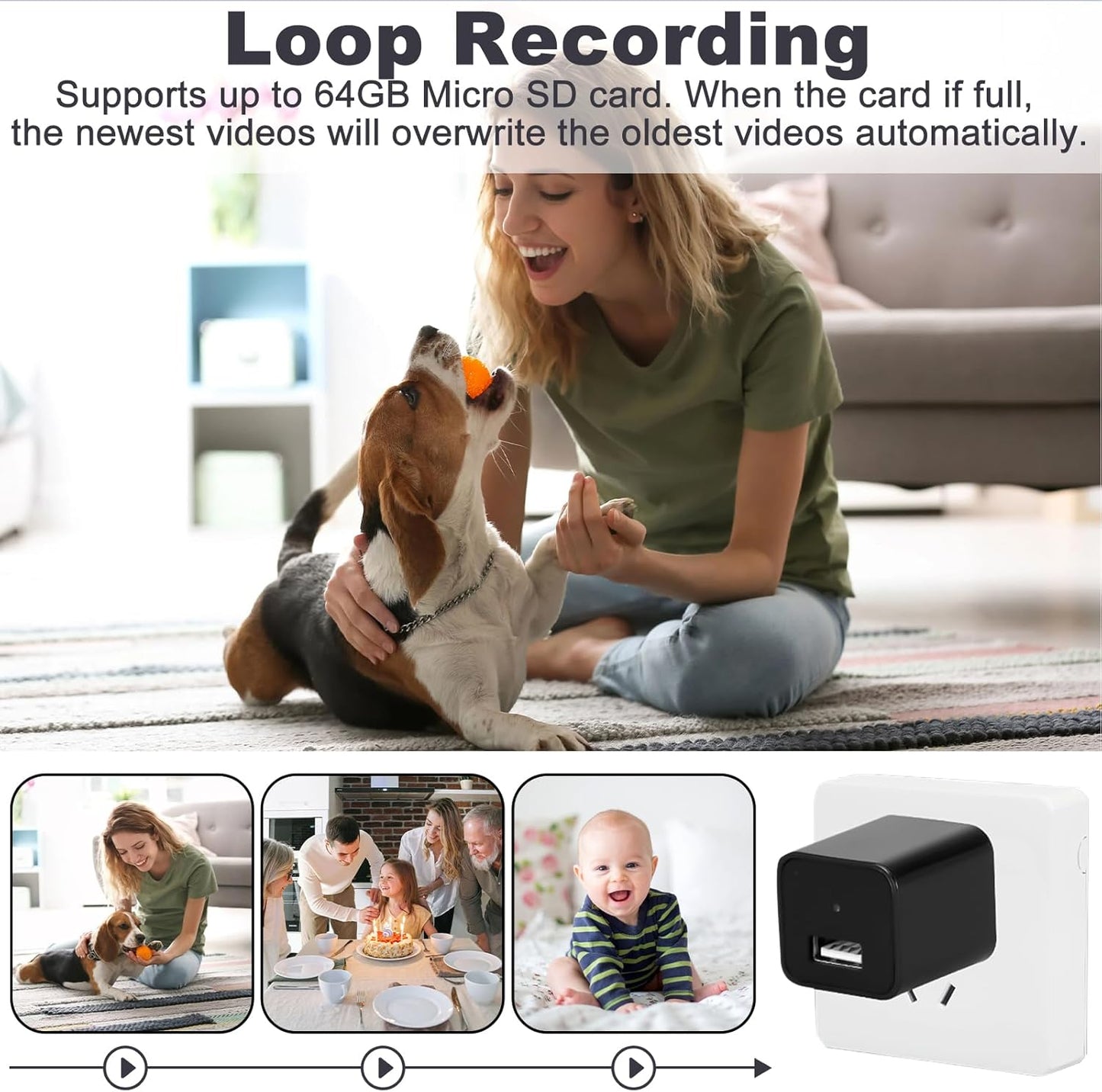 Smart mini WiFi spy camera USB charger adapter 1080P HD hidden wireless security camera with live app monitoring motion detection and voice recording