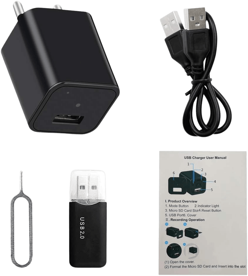 1080P hidden spy camera charger with EU to UK adapter mini indoor security camera with motion detection loop recording no WiFi version disguised USB charger