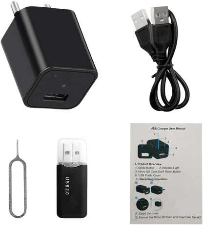 1080P hidden spy camera charger with EU to UK adapter mini indoor security camera with motion detection loop recording no WiFi version disguised USB charger