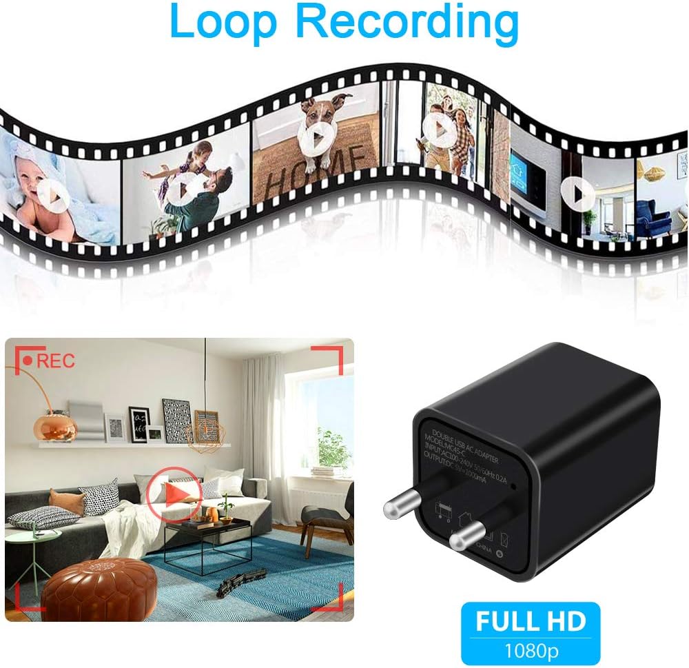 1080P hidden spy camera charger with EU to UK adapter mini indoor security camera with motion detection loop recording no WiFi version disguised USB charger