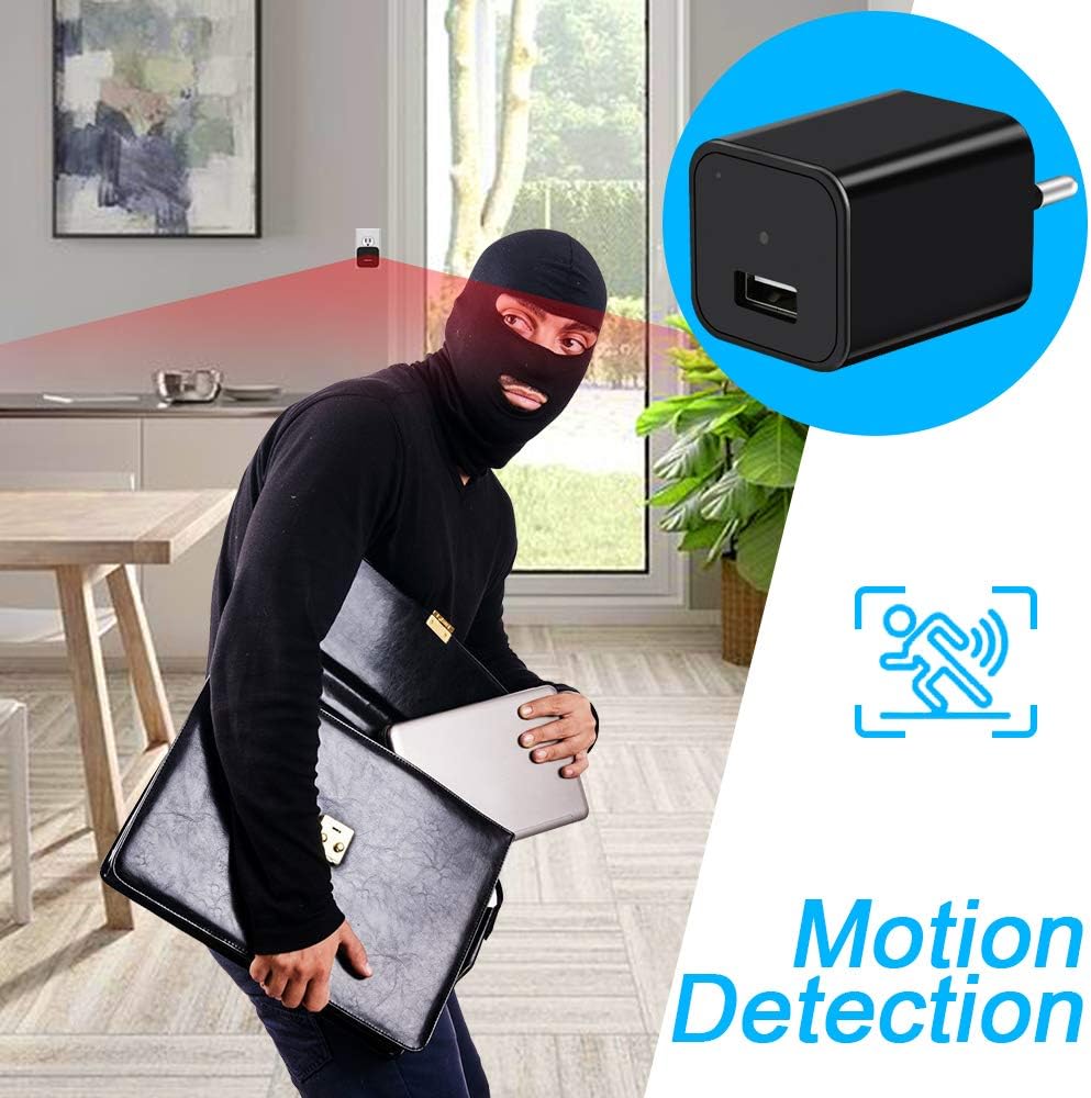 1080P hidden spy camera charger with EU to UK adapter mini indoor security camera with motion detection loop recording no WiFi version disguised USB charger