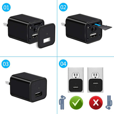 1080P Hidden Spy Camera Charger with EU to UK Adapter – Mini Indoor Security Camera with Motion Detection & Loop Recording (No WiFi Version)