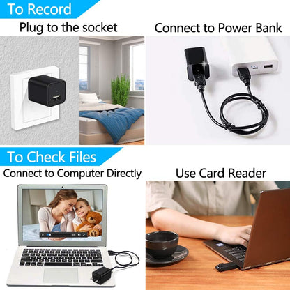 1080P hidden spy camera charger with EU to UK adapter mini indoor security camera with motion detection loop recording no WiFi version disguised USB charger
