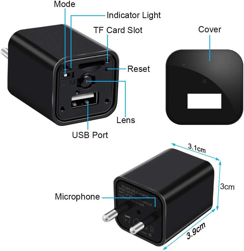 1080P hidden spy camera charger with EU to UK adapter mini indoor security camera with motion detection loop recording no WiFi version disguised USB charger