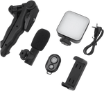 5-in-1 smartphone video making and vlogging kit with tripod, LED light, microphone, phone holder, and wireless remote