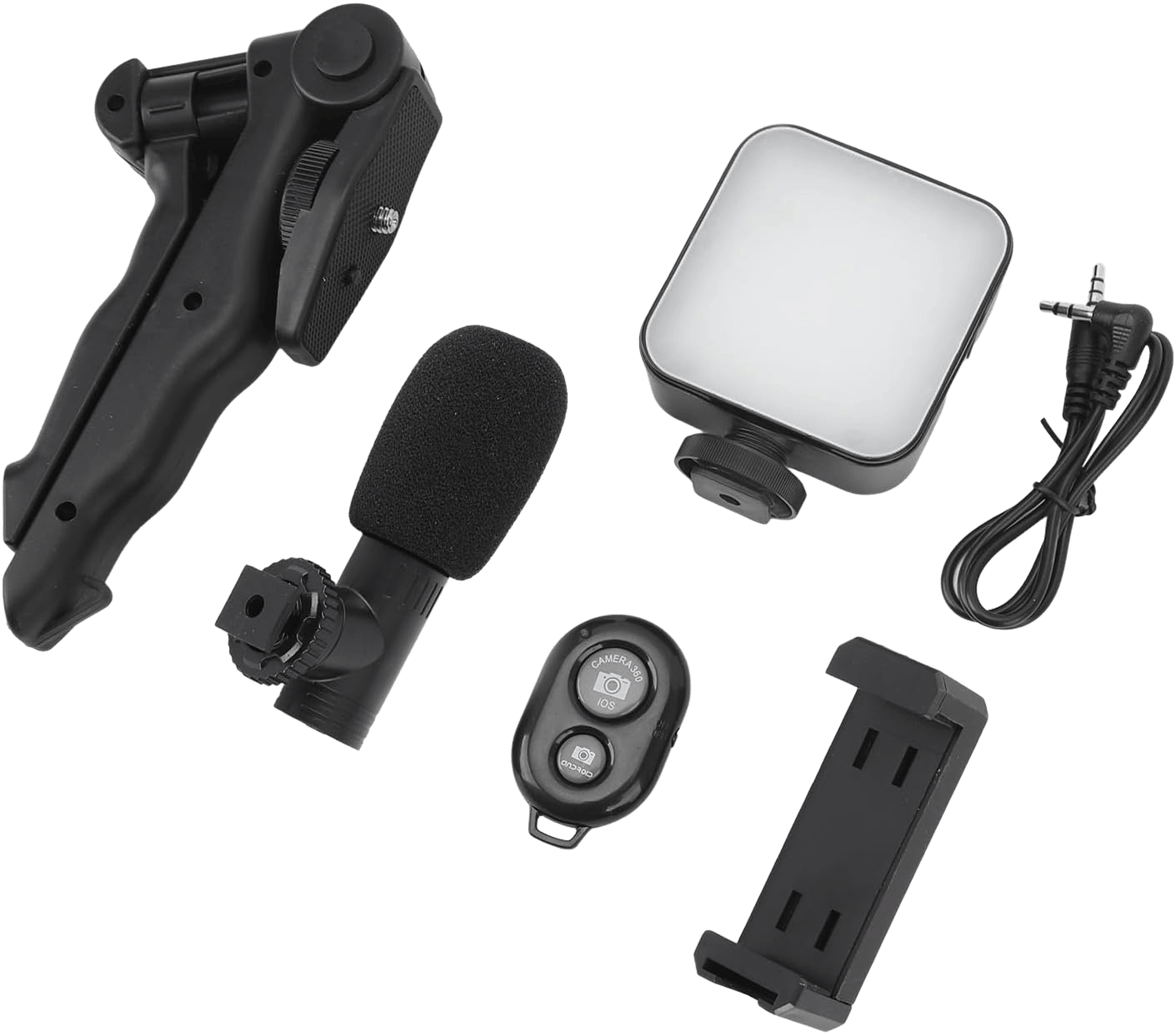 5-in-1 smartphone video making and vlogging kit with tripod, LED light, microphone, phone holder, and wireless remote