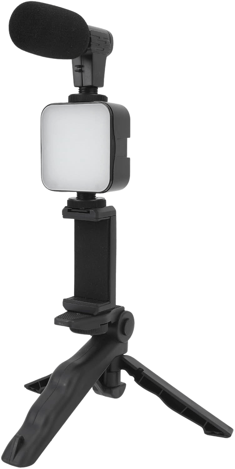5-in-1 smartphone video making and vlogging kit with tripod, LED light, microphone, phone holder, and wireless remote
