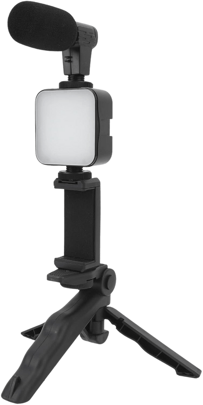 5-in-1 smartphone video making and vlogging kit with tripod, LED light, microphone, phone holder, and wireless remote