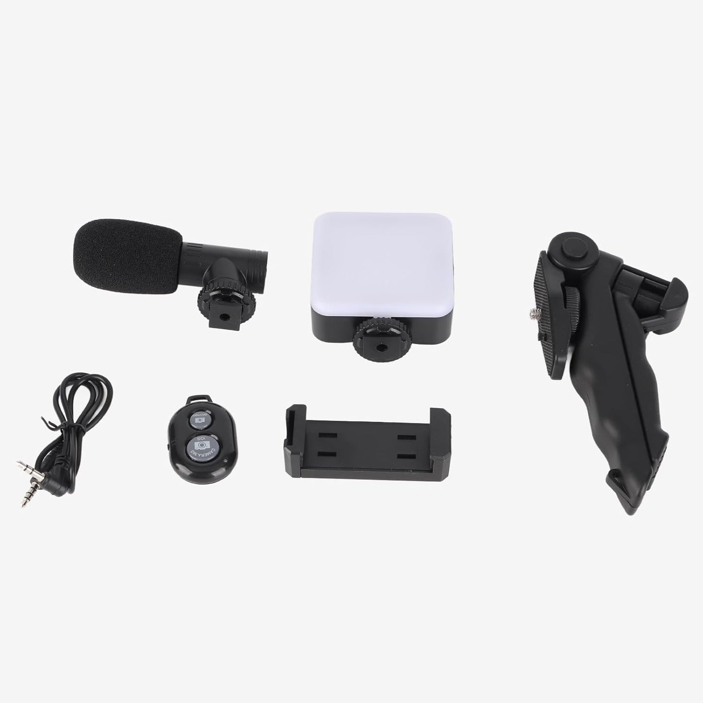 5-in-1 smartphone video making and vlogging kit with tripod, LED light, microphone, phone holder, and wireless remote