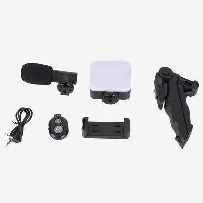 5-in-1 smartphone video making and vlogging kit with tripod, LED light, microphone, phone holder, and wireless remote