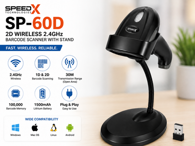 Speed-X 60D 2D Wireless Barcode Scanner 2.4GHz with Stand