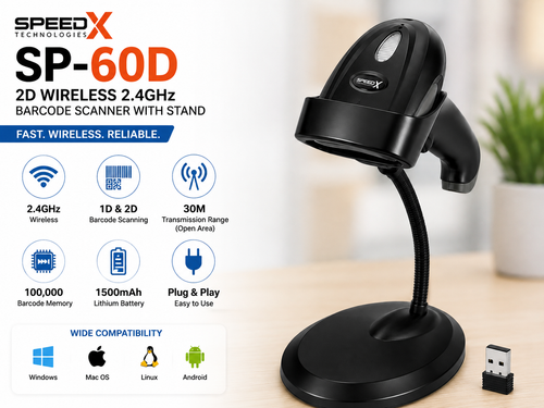 Speed-X 60D 2D Wireless Barcode Scanner 2.4GHz with Stand