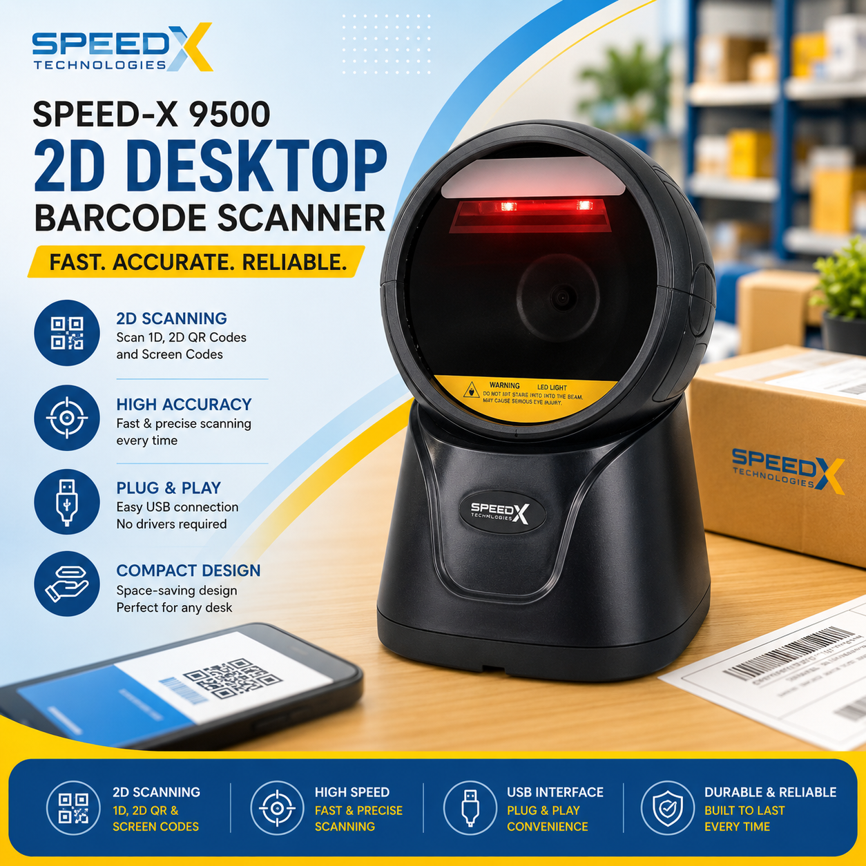 Speed-X 9500 2D Desktop Barcode Scanner with USB Connectivity, Hands-Free Auto Scan, QR Code Reader, and POS Barcode Scanner
