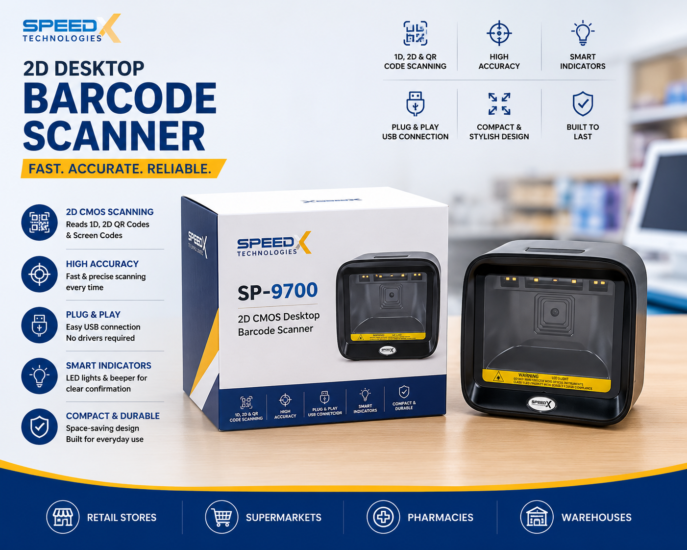Speed-X 9700 2D CMOS Desktop Barcode Scanner | USB QR Code Scanner