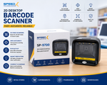 Speed-X 9700 2D CMOS desktop barcode scanner on retail counter with USB connectivity