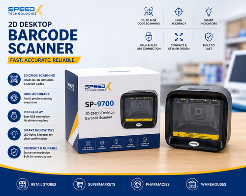 Speed-X 9700 2D CMOS Desktop Barcode Scanner | USB Hands-Free QR Code & Barcode Reader for POS