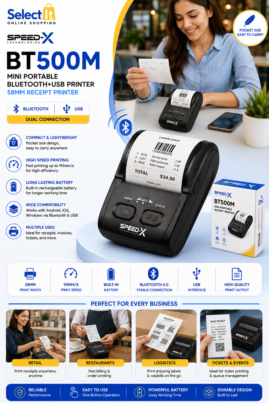 Speed-X BT500M Bluetooth and USB thermal printer
