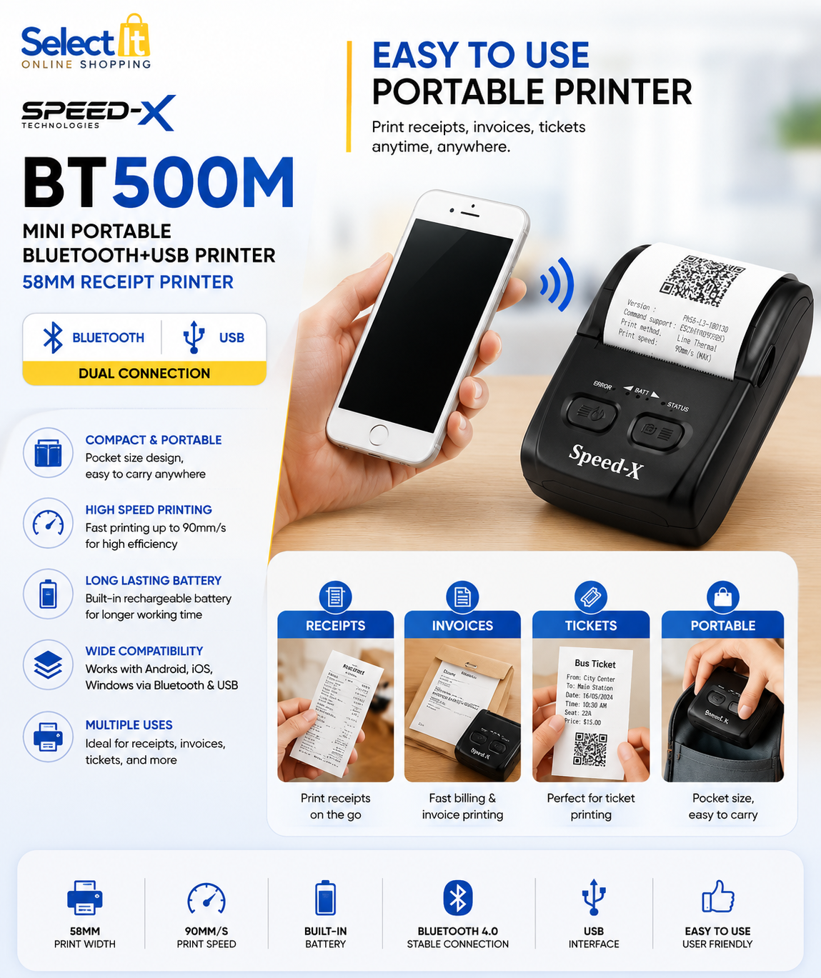 Speed-X BT500M mini receipt printer for mobile and desktop