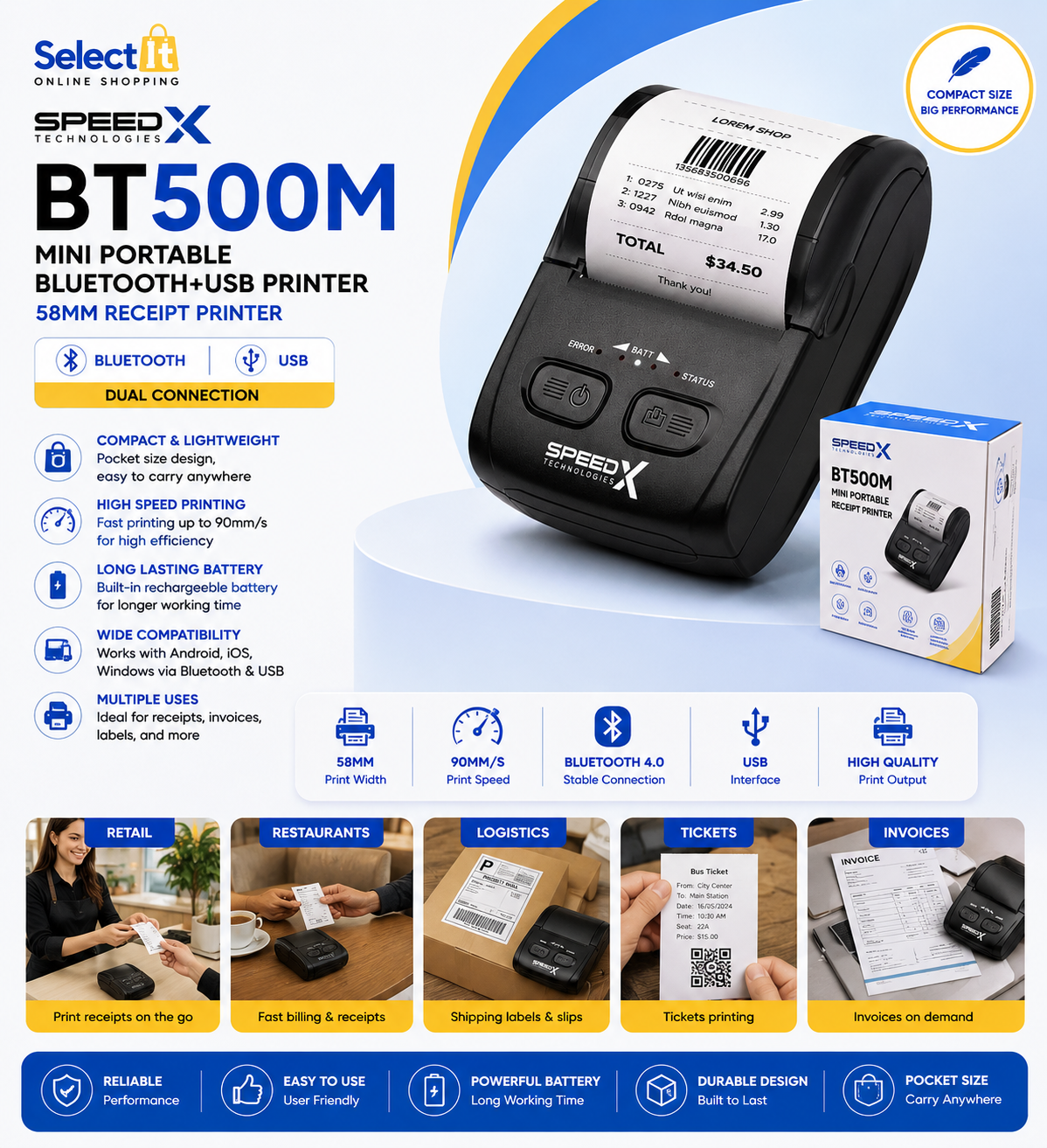 Speed-X BT500M portable 58mm receipt printer

