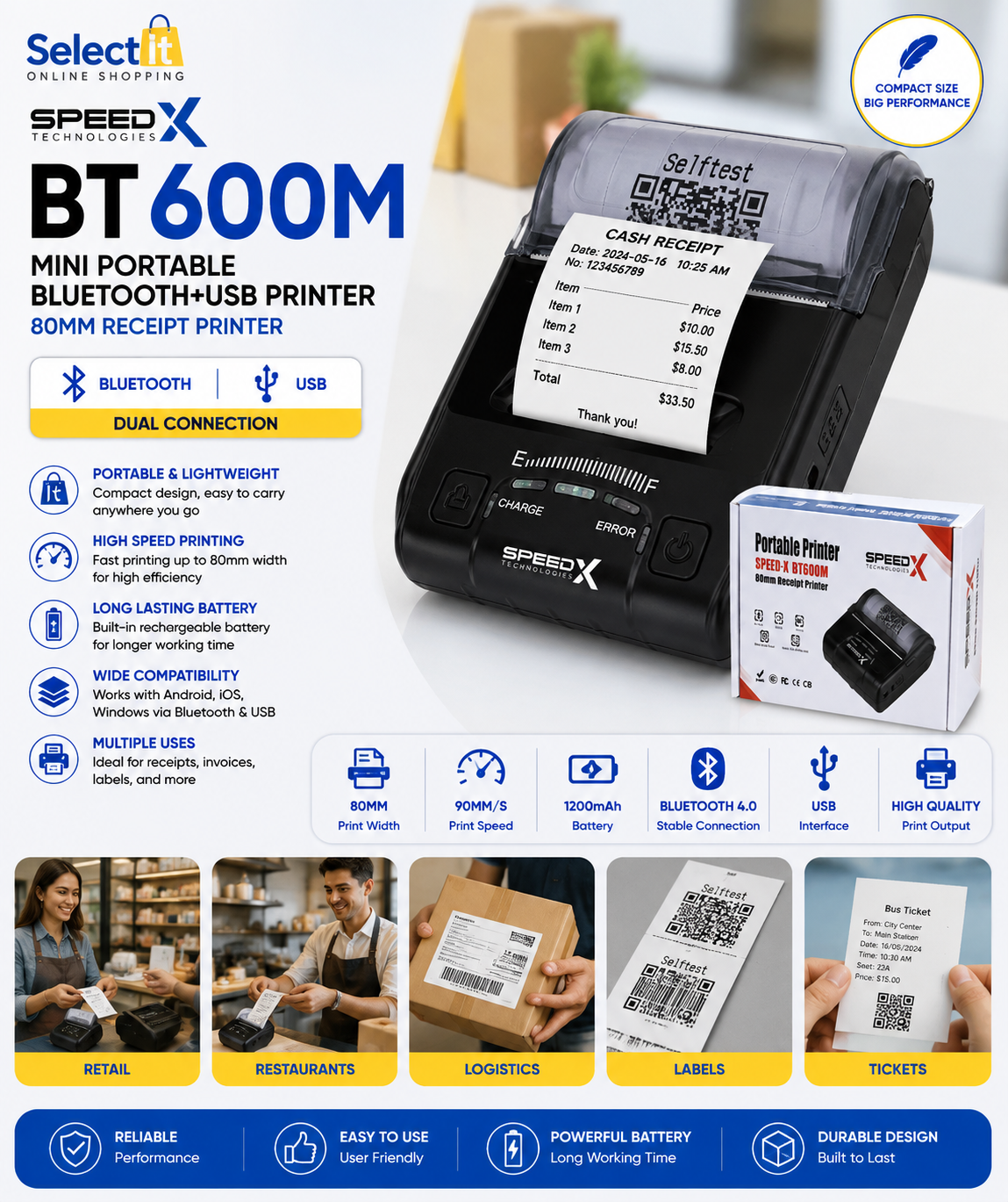 Speed-X BT600M Bluetooth and USB thermal printer
