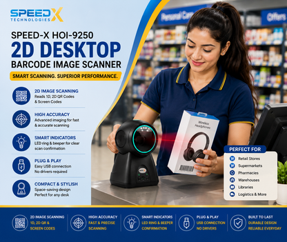 Speed-X HOI-9250 2D Desktop Barcode Scanner | USB QR Code Scanner