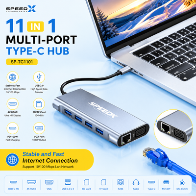Speed-X SP-TC1101 11-in-1 USB-C Hub 4K HDMI VGA USB 3.0 PD Ethernet Adapter High Quality