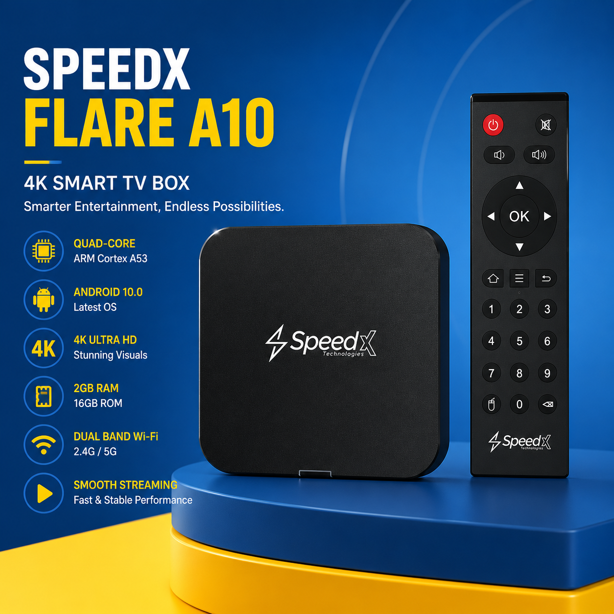 SpeedX Flare A10 4K Android Smart TV Box 2GB RAM 16GB ROM | Quad-Core Android 10 Media Player