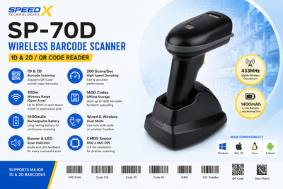 SpeedX SP-70D Wireless 1D/2D Barcode Scanner with Charging Dock