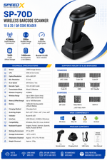 SpeedX SP-70D wireless barcode scanner with rechargeable battery, offline storage and charging dock
