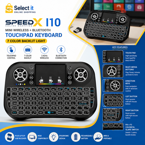 Speedx I10 Mini Wireless Bluetooth Keyboard with Touchpad, 7-Color Backlight & 2.4GHz Receiver