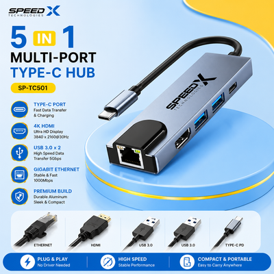 Speed-X SP-TC501 5-in-1 USB-C Hub 4K HDMI USB 3.0 PD Gigabit LAN Adapter Type C Multifunction Adapter 5 in 1