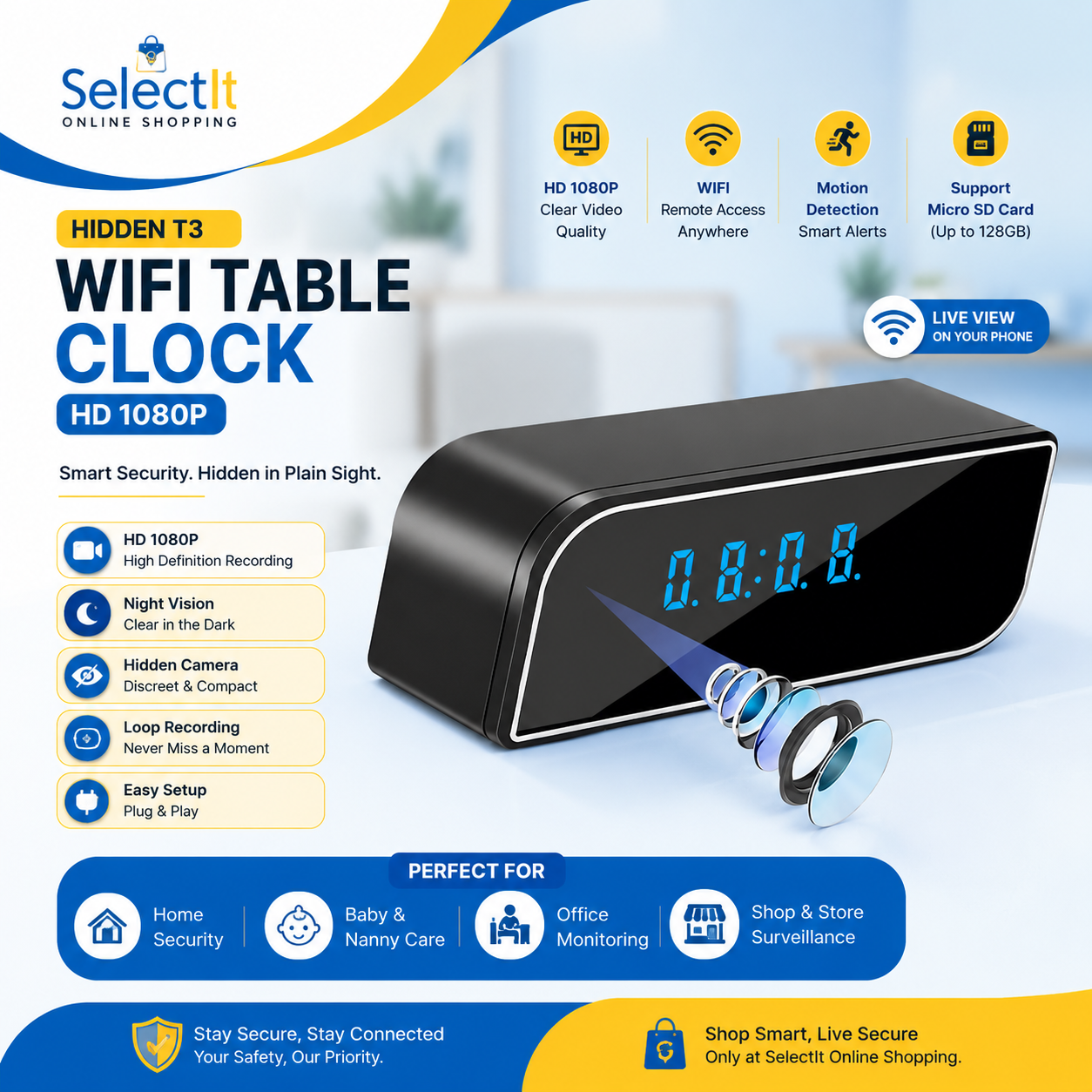 T3 WiFi digital table clock camera with 160 degree wide angle
