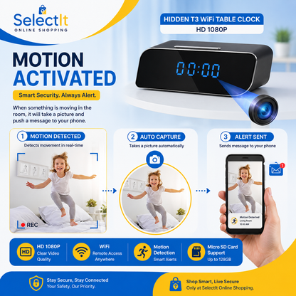 T3 WiFi table clock camera with motion detection