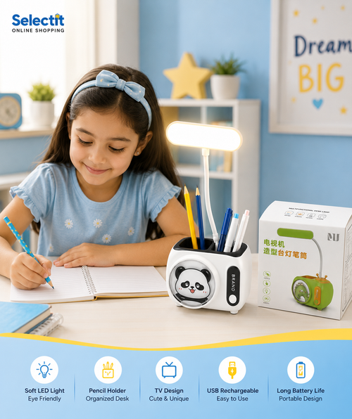 Table Lamp with Pencil Holder TV Design USB Rechargeable LED Desk Lamp - White