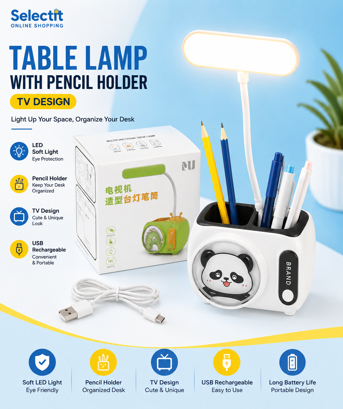 Table Lamp with Pencille Holder TV Design - White Camera
