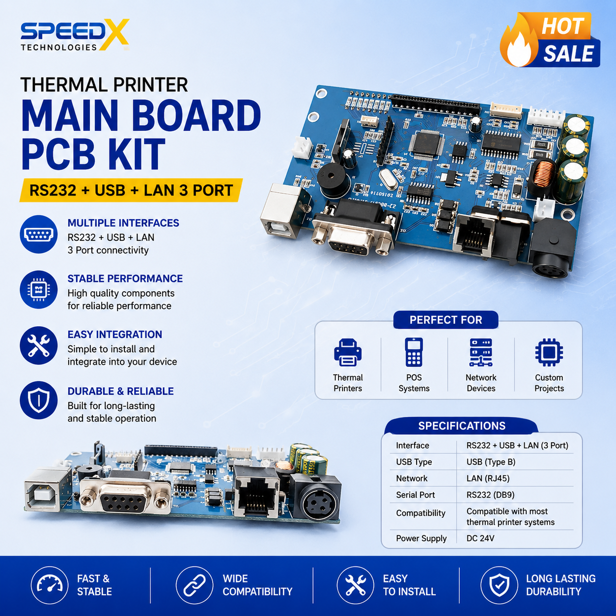 Thermal Printer Main Board PCB Kit with RS232, USB, and LAN 3-Port Interface for 58mm and 80mm POS Receipt Printer Repair

