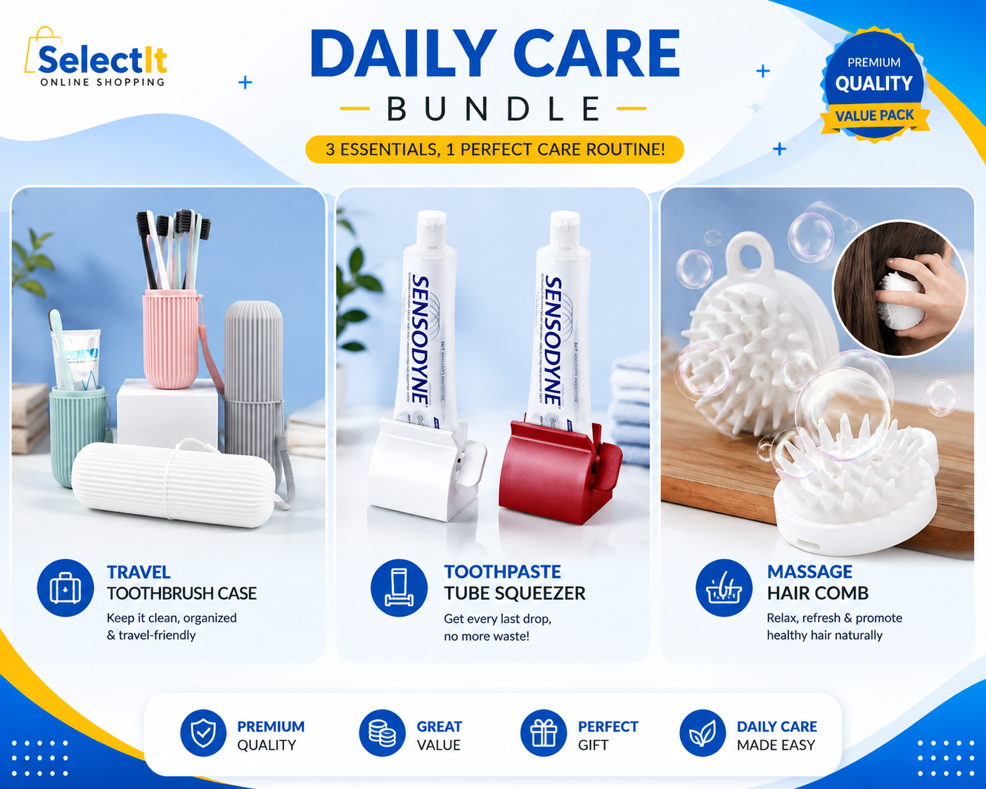 Travel Oral Care Bundle with Portable Toothbrush Holder, Toothpaste Squeezer, and Silicone Scalp Massage Brush