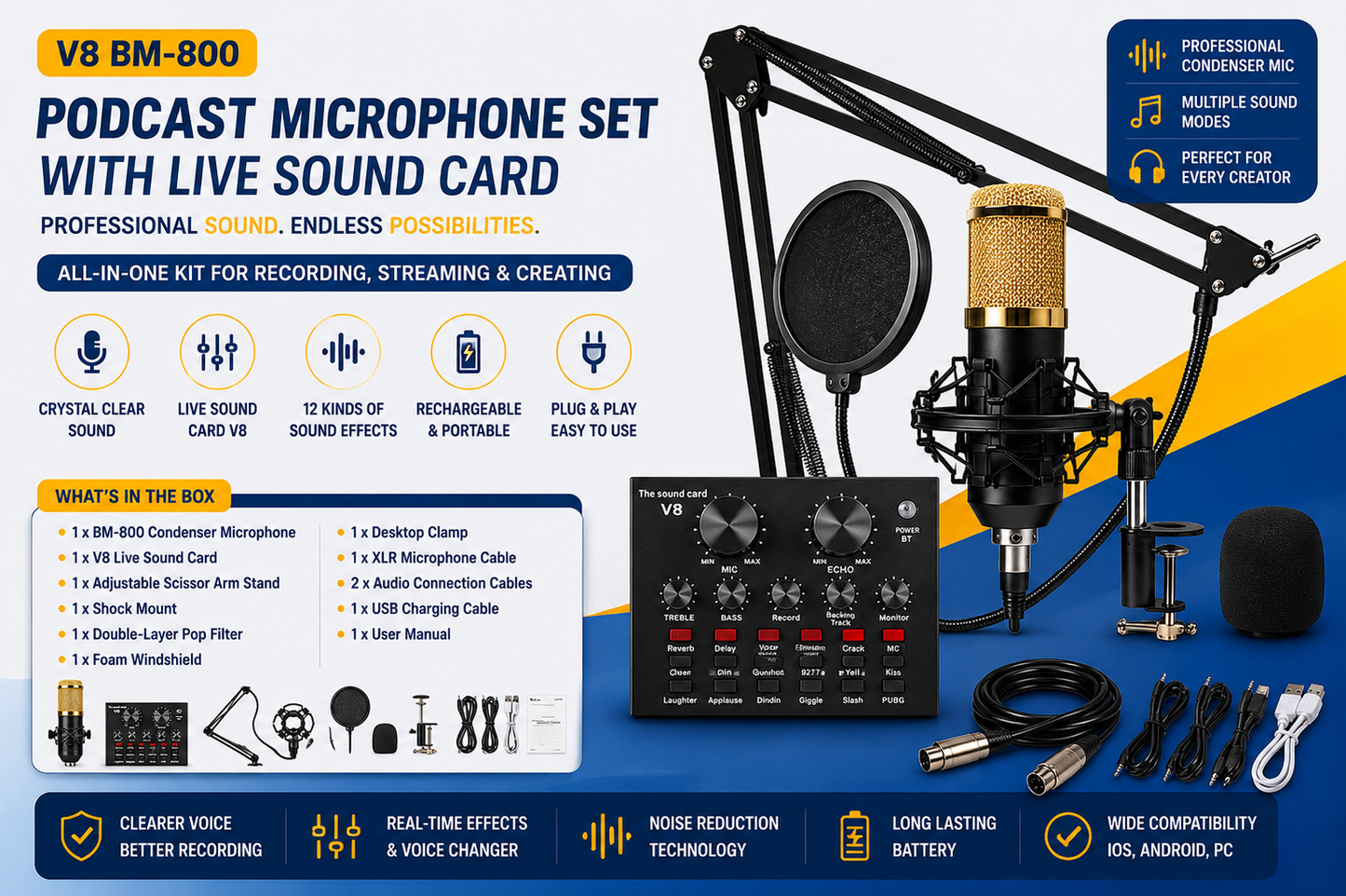 V8 BM-800 Podcast Microphone Set with Rechargeable Live Sound Card, Condenser Microphone, Boom Arm and Recording Accessories