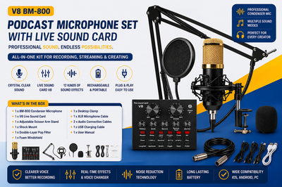 V8 BM-800 Podcast Microphone Set with Live Sound Card & Rechargeable Audio Interface